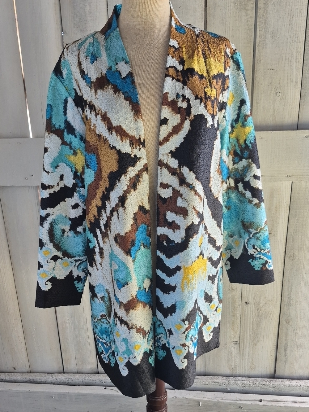 Chico's Open-Front Cardigan in Turquoise, Brown, Black & Yellow